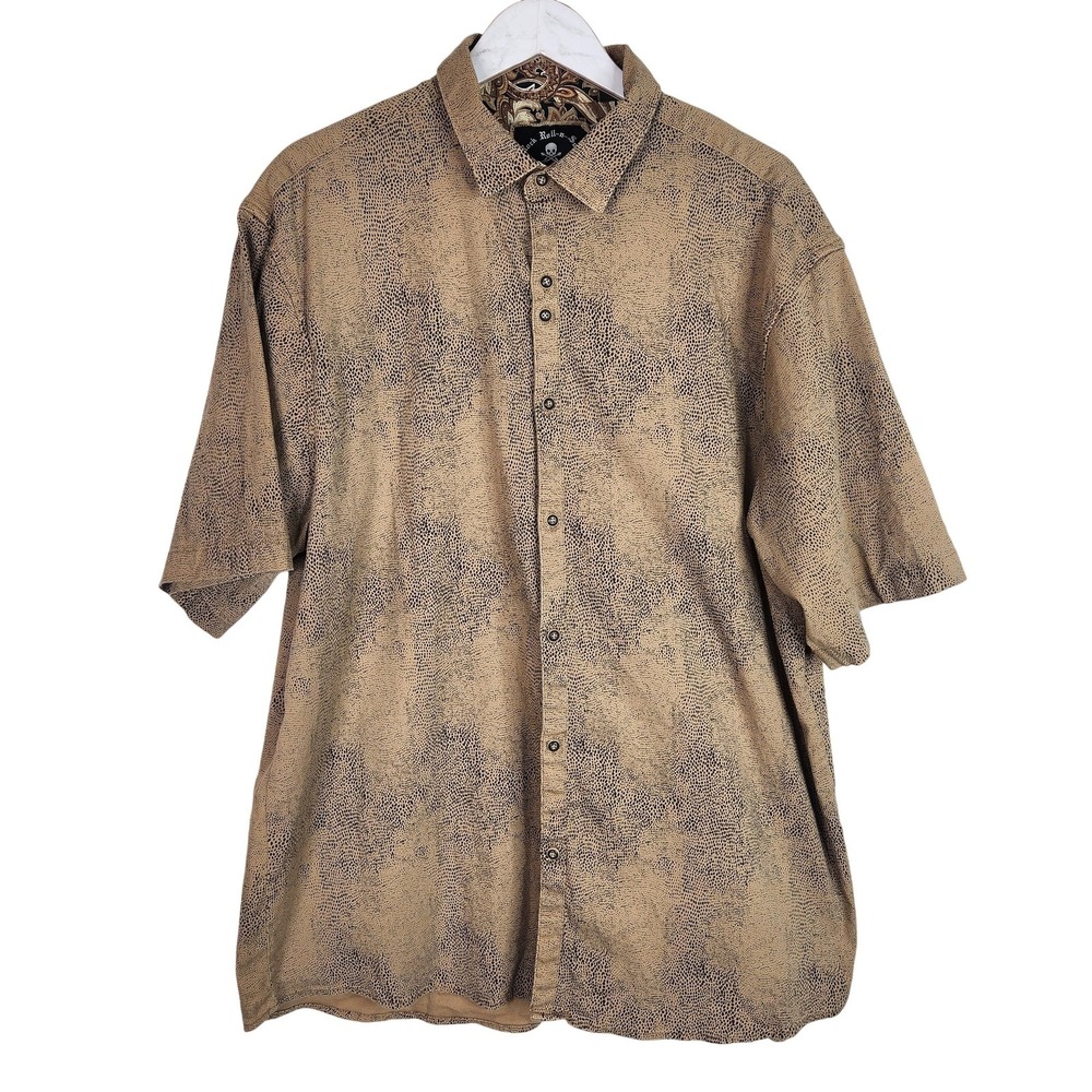 ROCK ROLL-N-SOUL Shirt Mens 4XL Beige Animal Print Snap Front Skull Embroidered